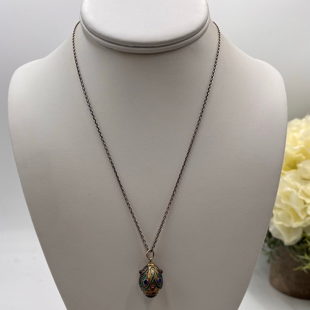 Sterling Silver Chain Vintage Chinese Silver Garnet Enamel Egg Charm Necklace